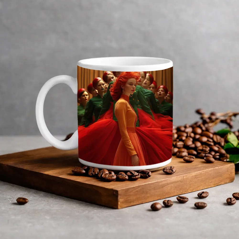 Red Haired Woman Orange Dress Choir Background – Mugs