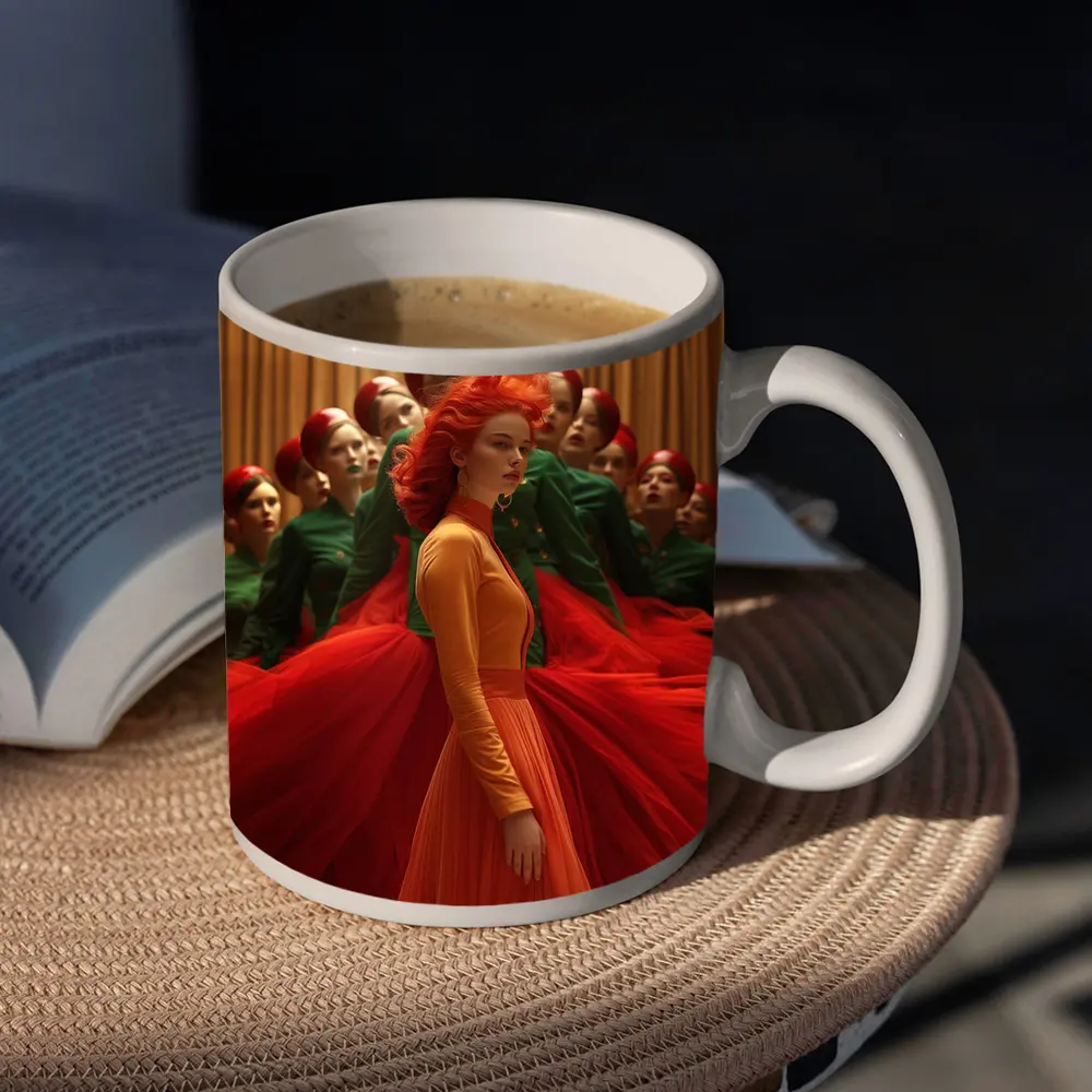 Red Haired Woman Orange Dress Choir Background – Mugs
