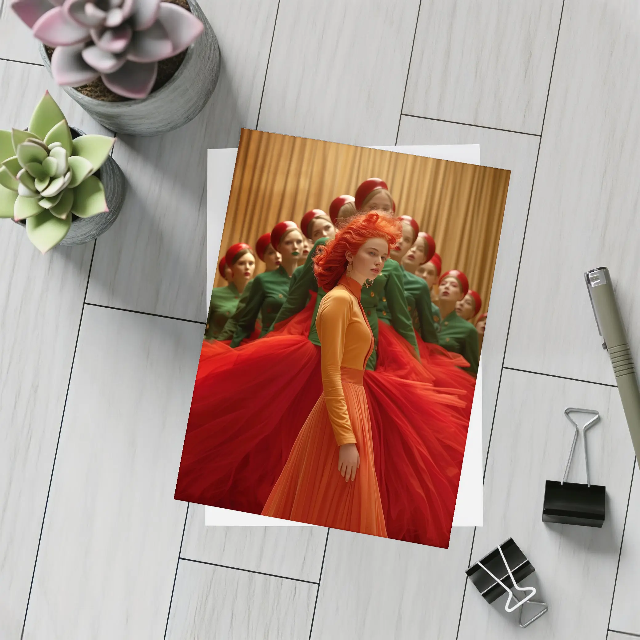 Red Haired Woman Orange Dress Choir Background – Postcards