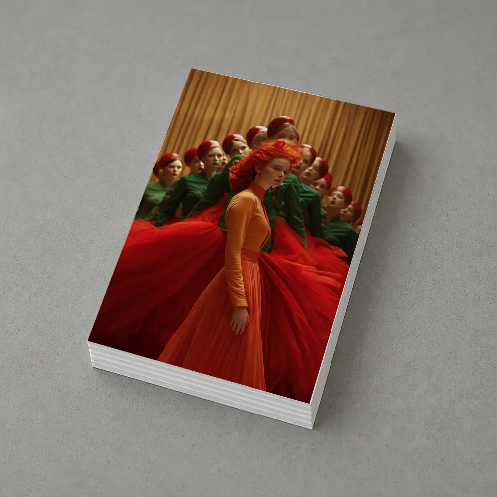 Red Haired Woman Orange Dress Choir Background – Postcards