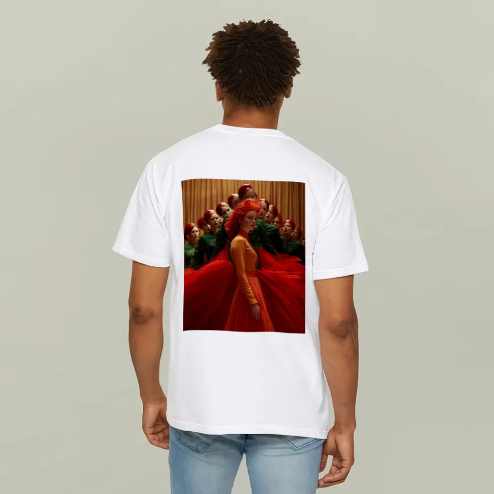 Red Haired Woman Orange Dress Choir Background – T-Shirts