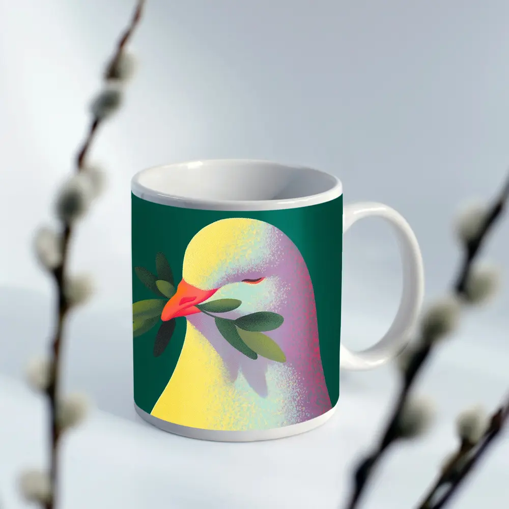 Peace Dove Olive Branch Green Background Art – Mugs