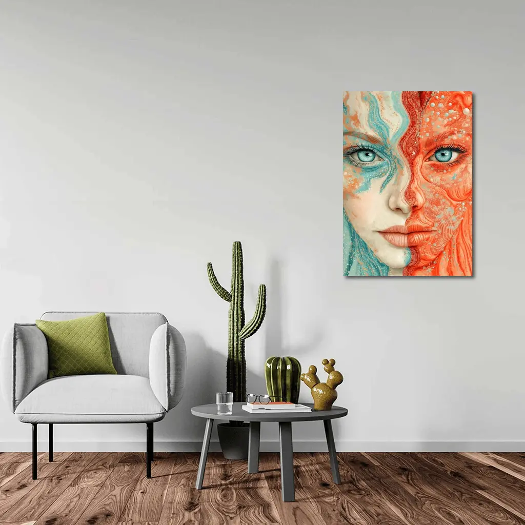 Woman Face Coral Teal Abstract Art Portrait – Wall Art