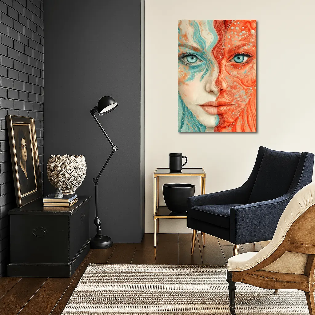Woman Face Coral Teal Abstract Art Portrait – Wall Art