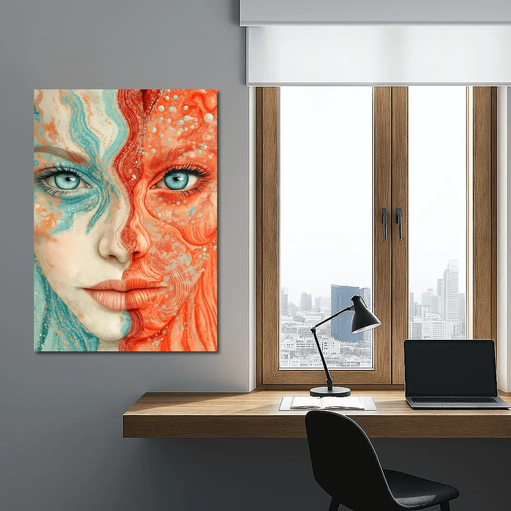 Woman Face Coral Teal Abstract Art Portrait – Wall Art