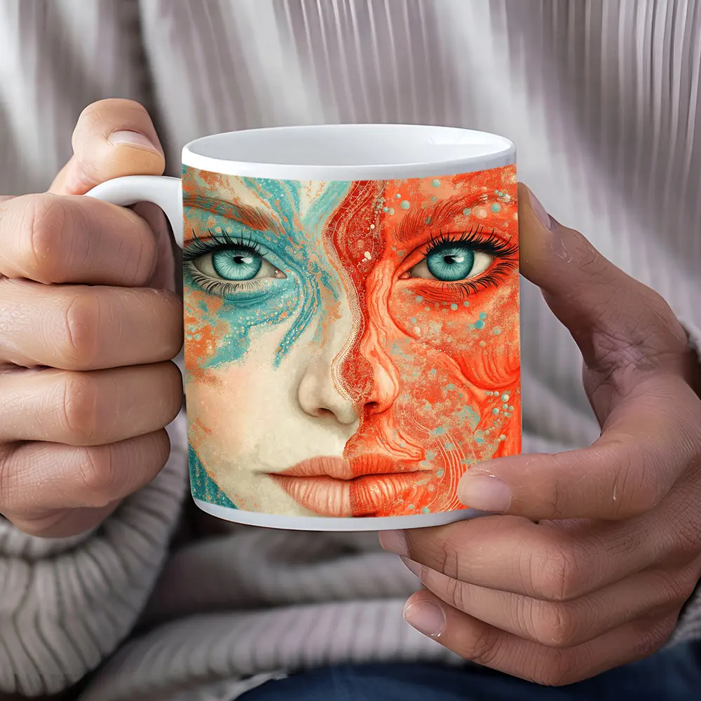 Woman Face Coral Teal Abstract Art Portrait – Mugs