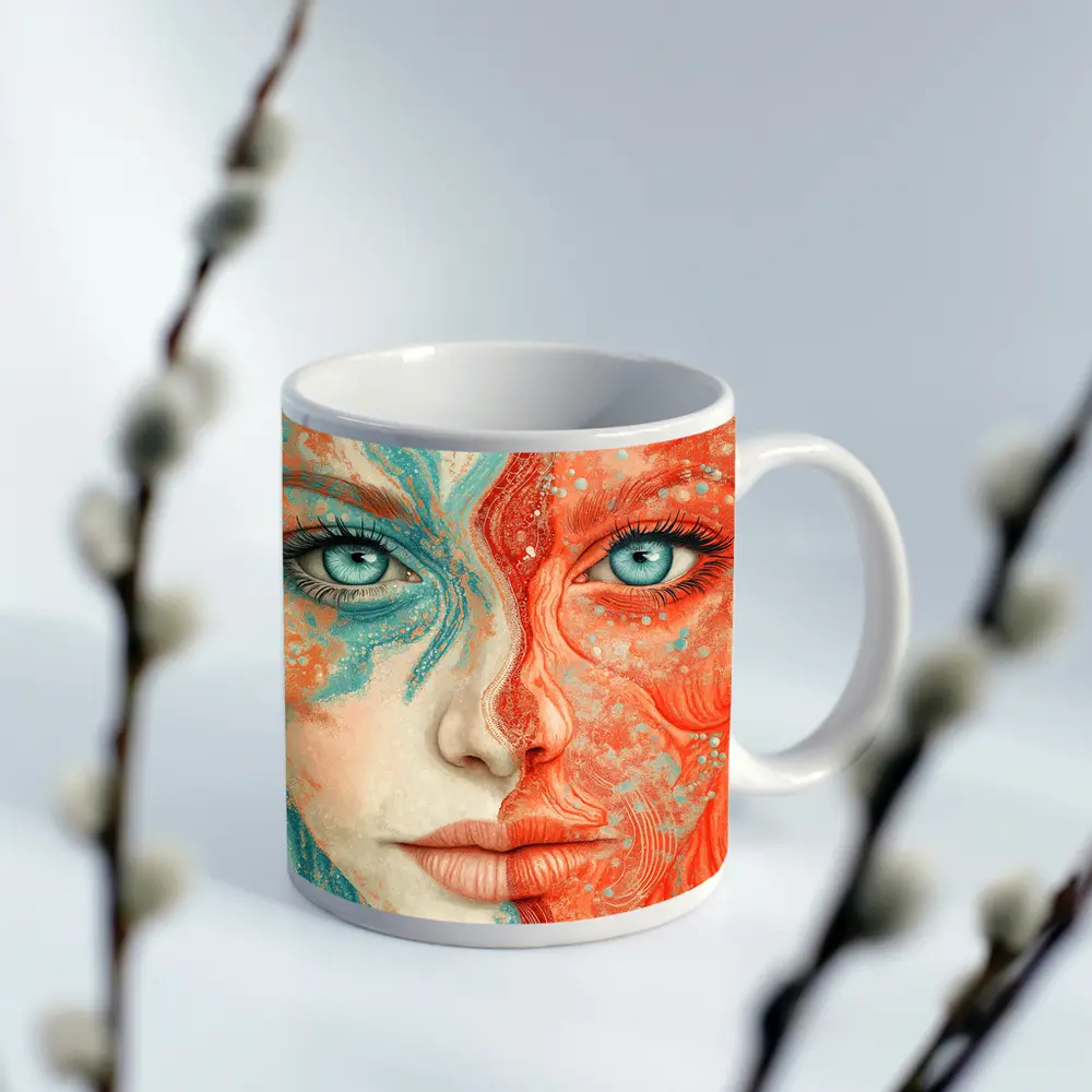 Woman Face Coral Teal Abstract Art Portrait – Mugs