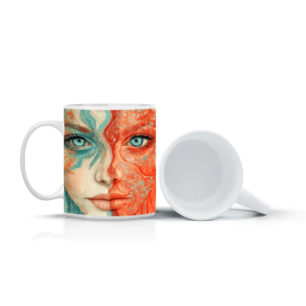 Woman Face Coral Teal Abstract Art Portrait – Mugs