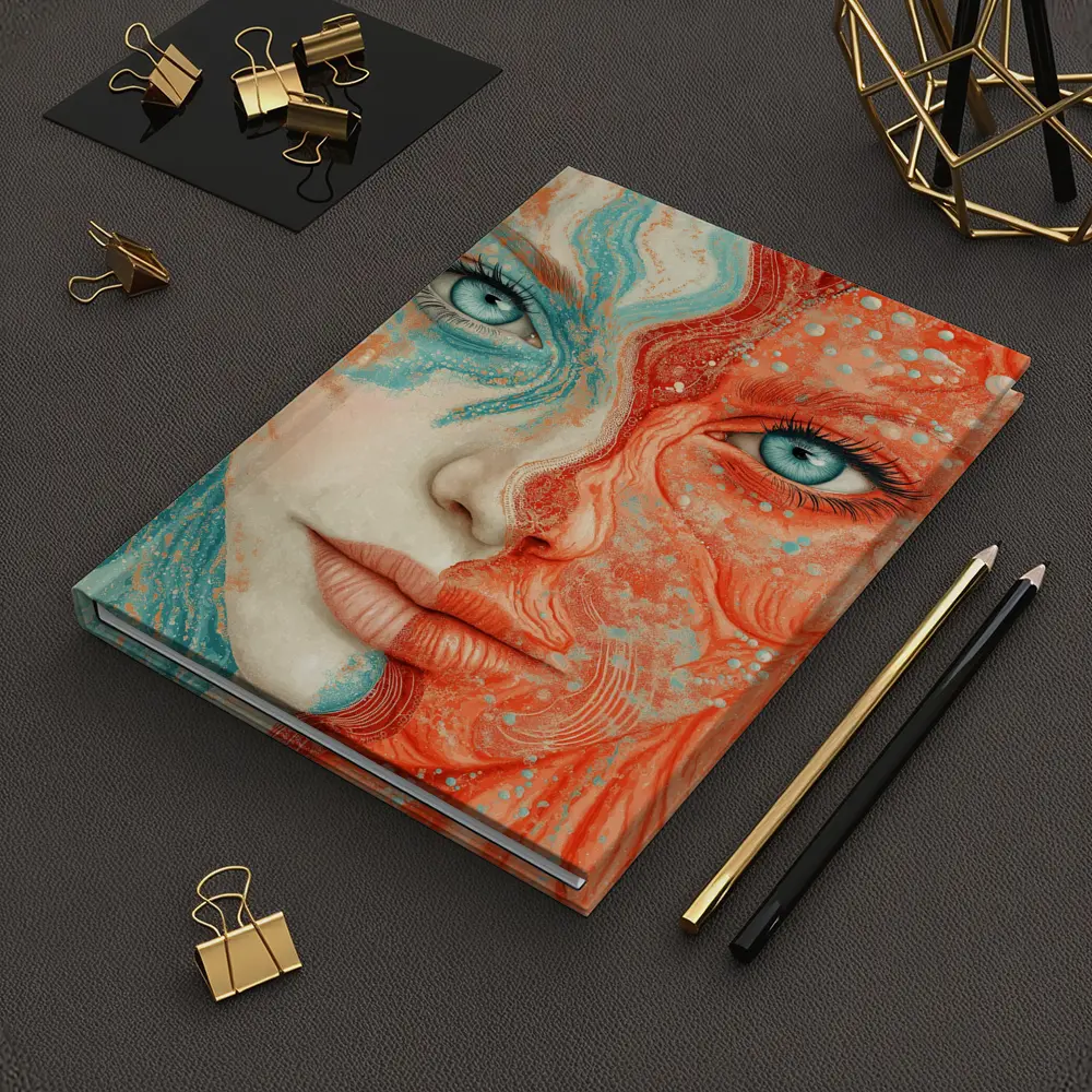 Woman Face Coral Teal Abstract Art Portrait – Notebooks