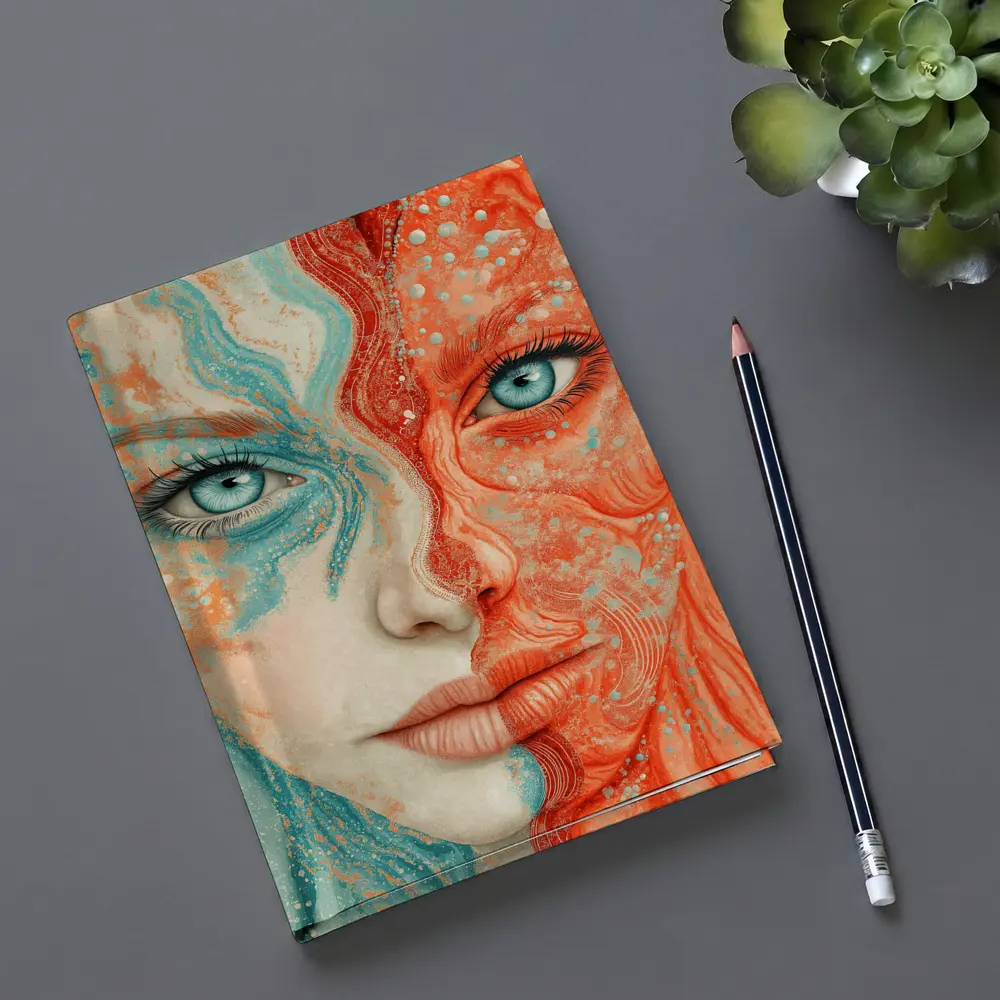 Woman Face Coral Teal Abstract Art Portrait – Notebooks