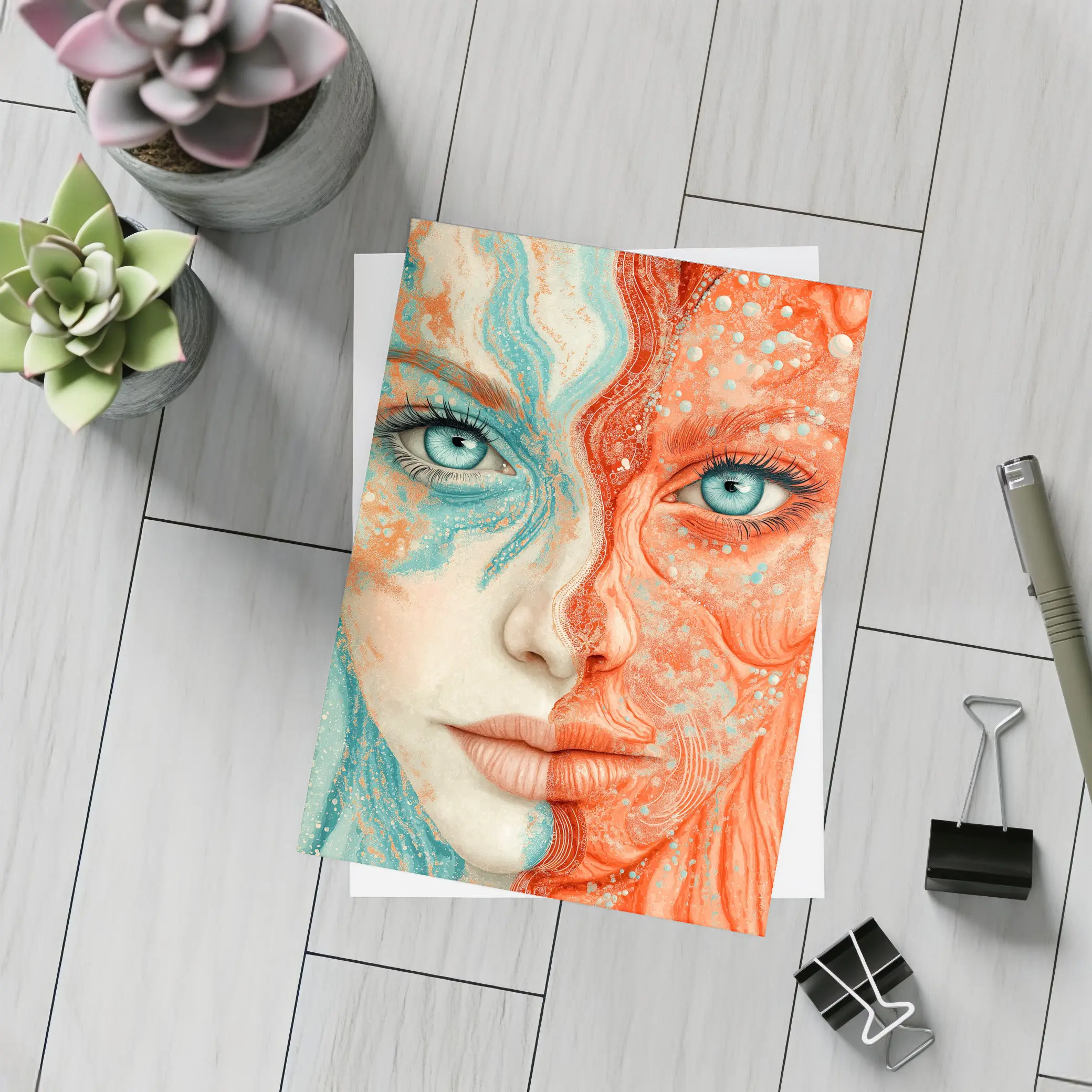 Woman Face Coral Teal Abstract Art Portrait – Postcards