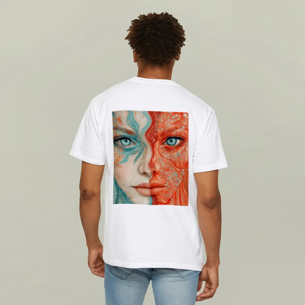 Woman Face Coral Teal Abstract Art Portrait – T-Shirts