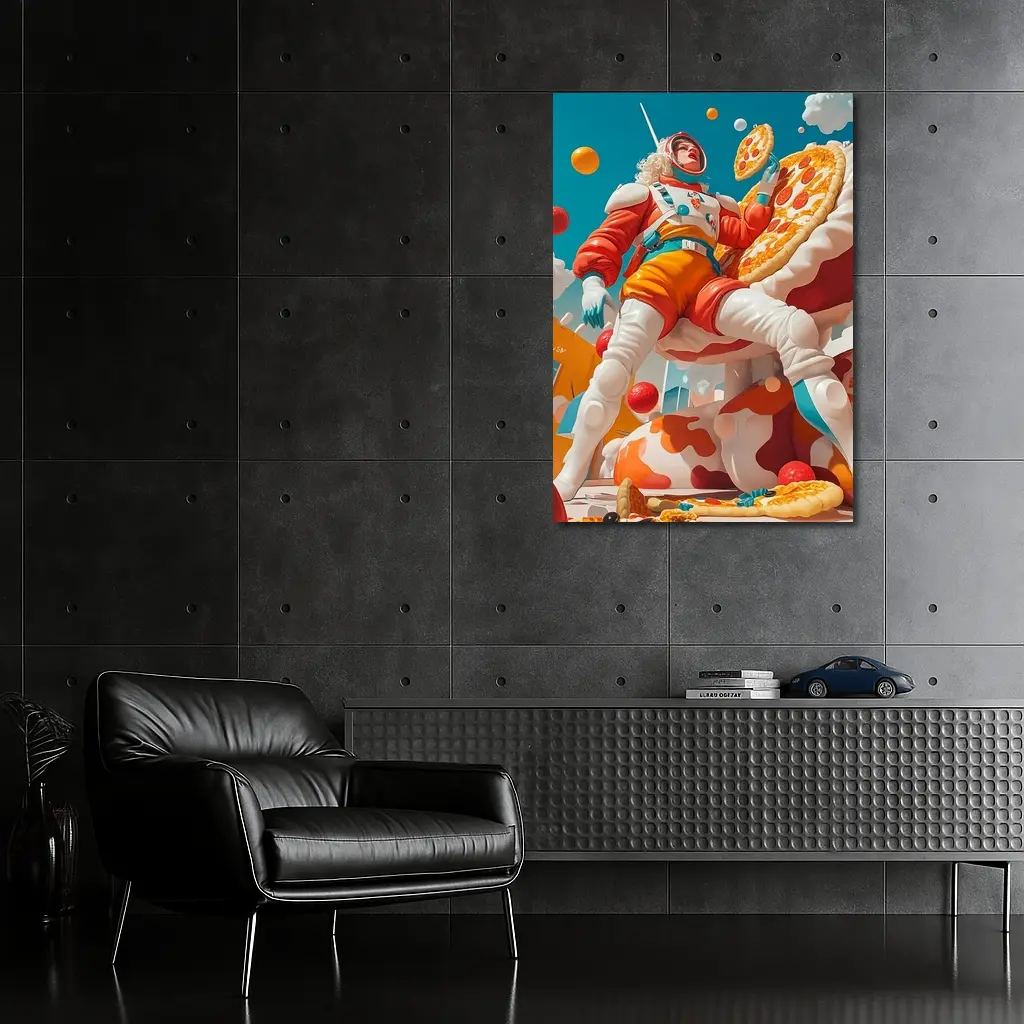 Astronaut Woman Floating With Pizza Surreal – Wall Art