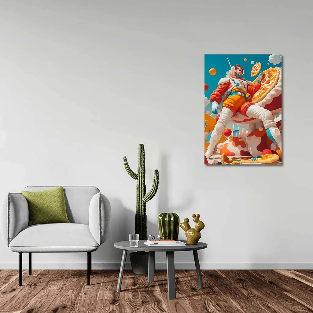 Astronaut Woman Floating With Pizza Surreal – Wall Art