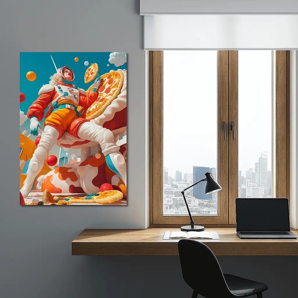 Astronaut Woman Floating With Pizza Surreal – Wall Art