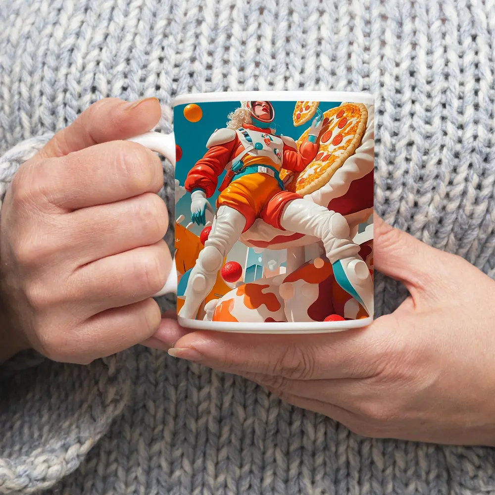 Astronaut Woman Floating With Pizza Surreal – Mugs