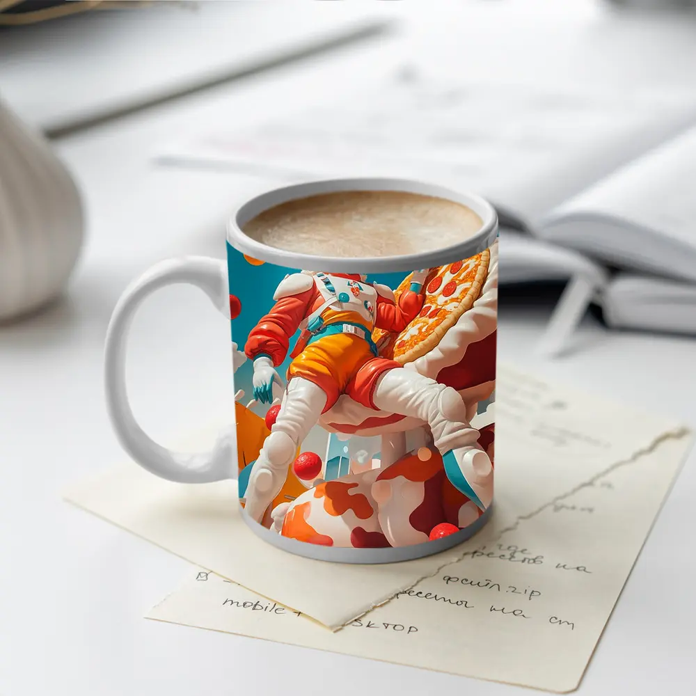 Astronaut Woman Floating With Pizza Surreal – Mugs