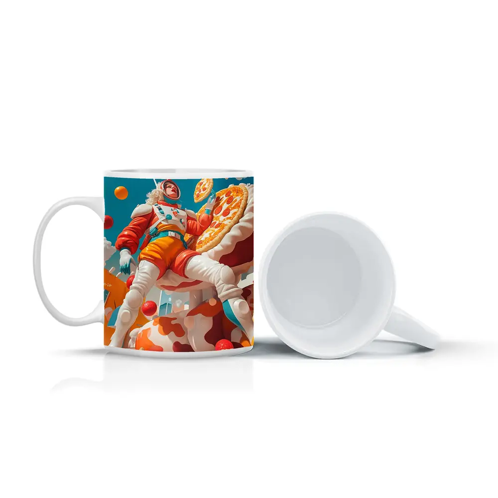 Astronaut Woman Floating With Pizza Surreal – Mugs