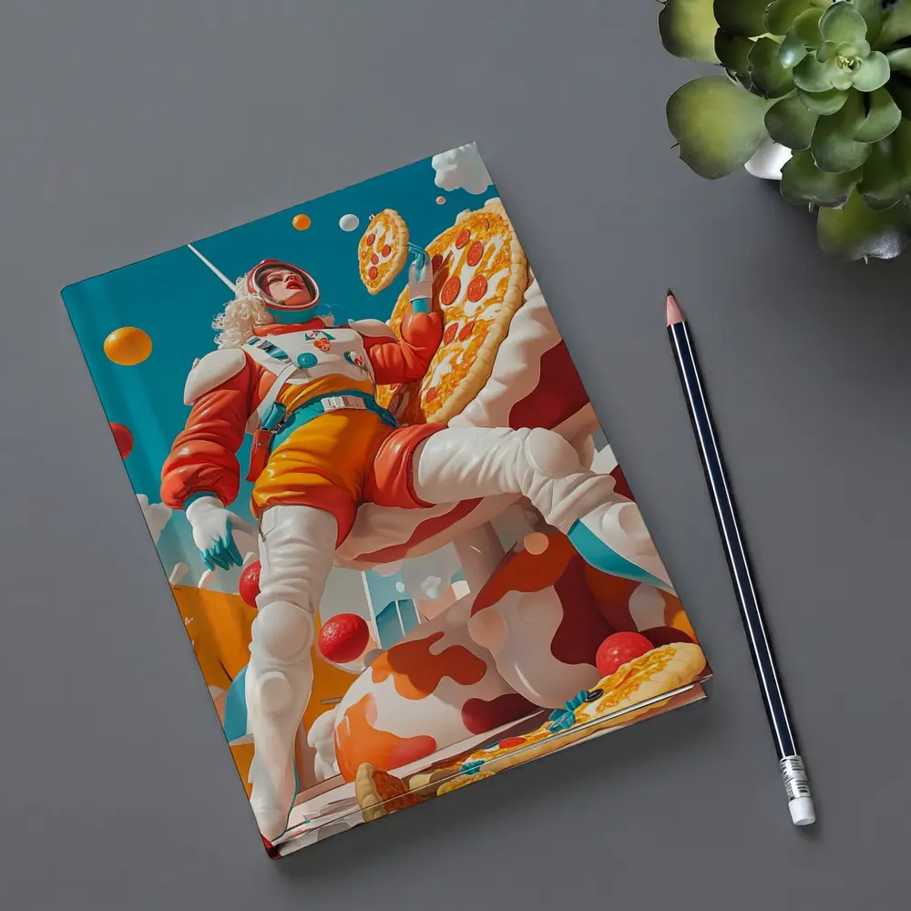 Astronaut Woman Floating With Pizza Surreal – Notebooks