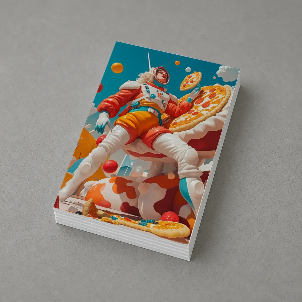 Astronaut Woman Floating With Pizza Surreal – Postcards