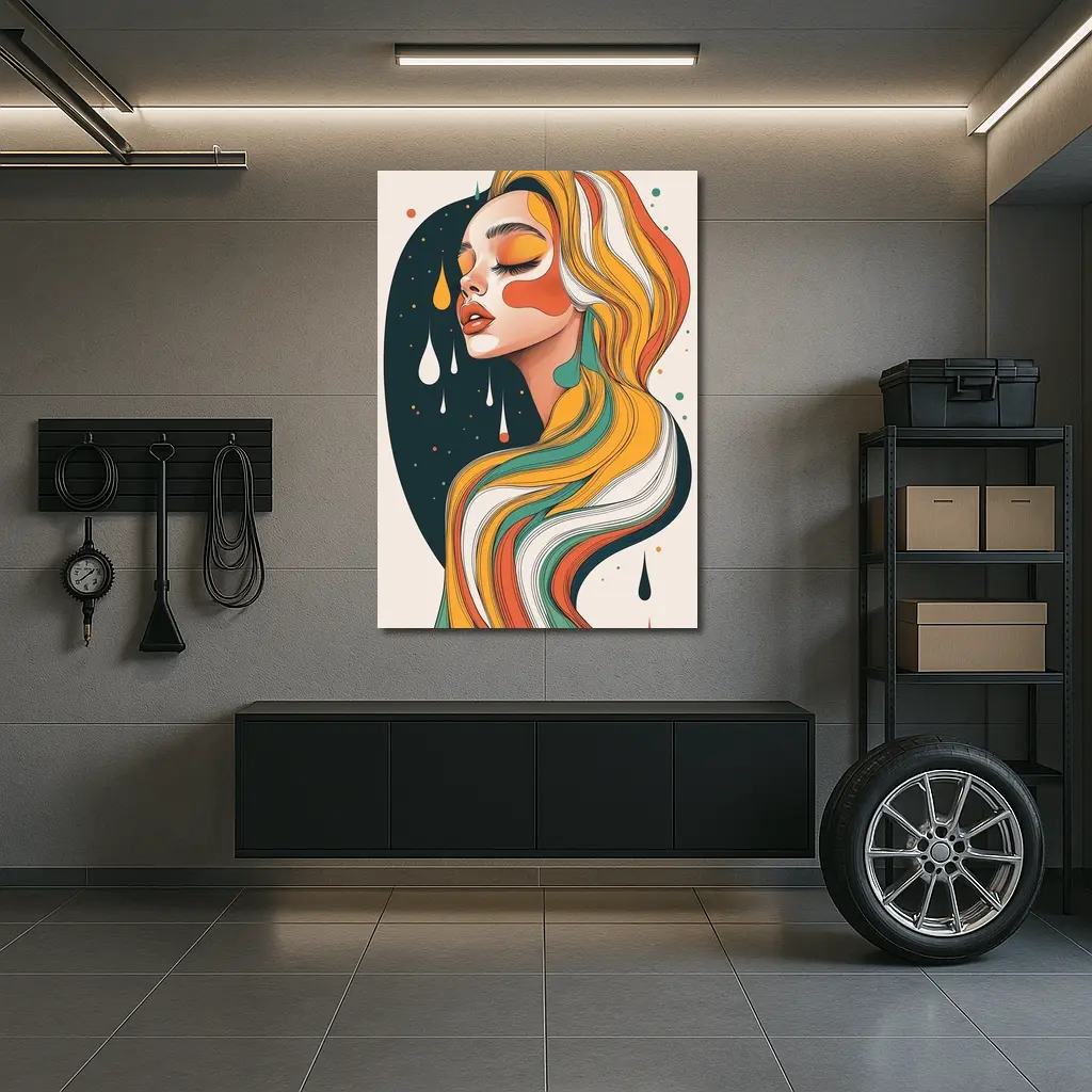 Retro Woman Portrait Flowing Colorful Hair Art – Wall Art