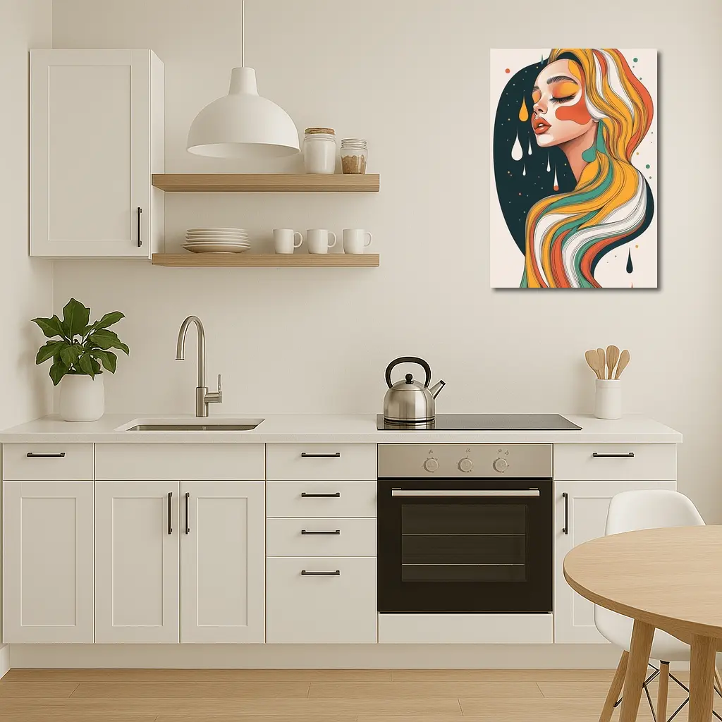 Retro Woman Portrait Flowing Colorful Hair Art – Wall Art