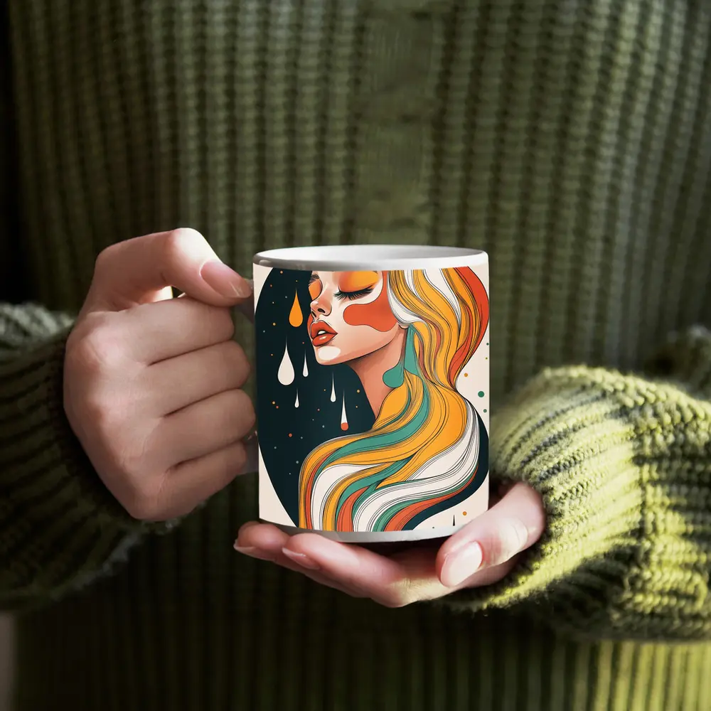 Retro Woman Portrait Flowing Colorful Hair Art – Mugs