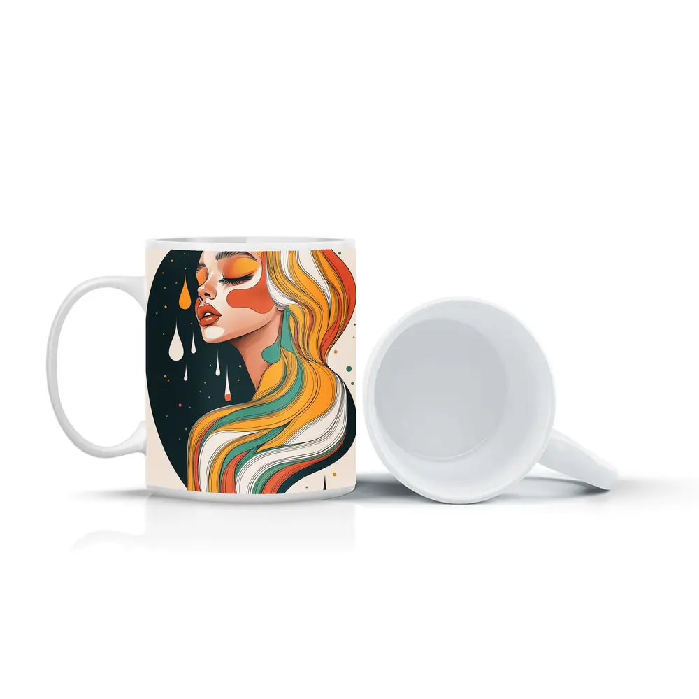 Retro Woman Portrait Flowing Colorful Hair Art – Mugs