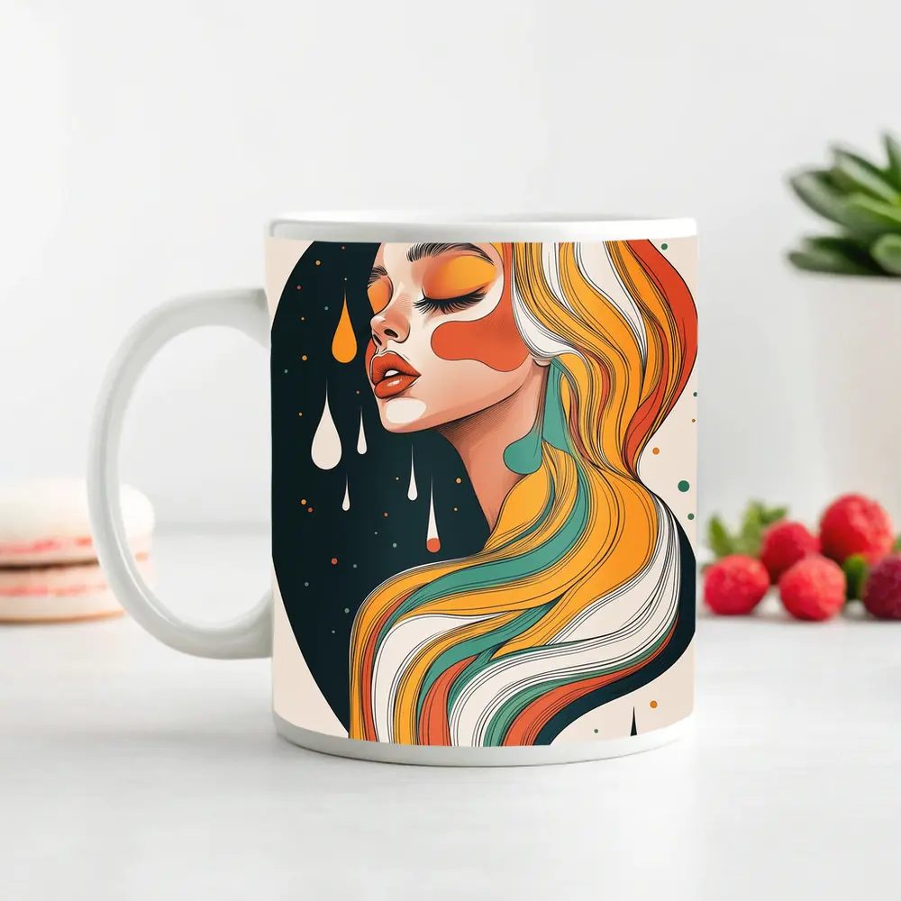 Retro Woman Portrait Flowing Colorful Hair Art – Mugs