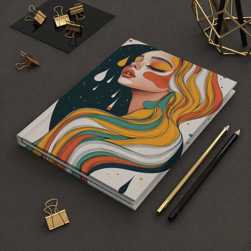 Retro Woman Portrait Flowing Colorful Hair Art – Notebooks