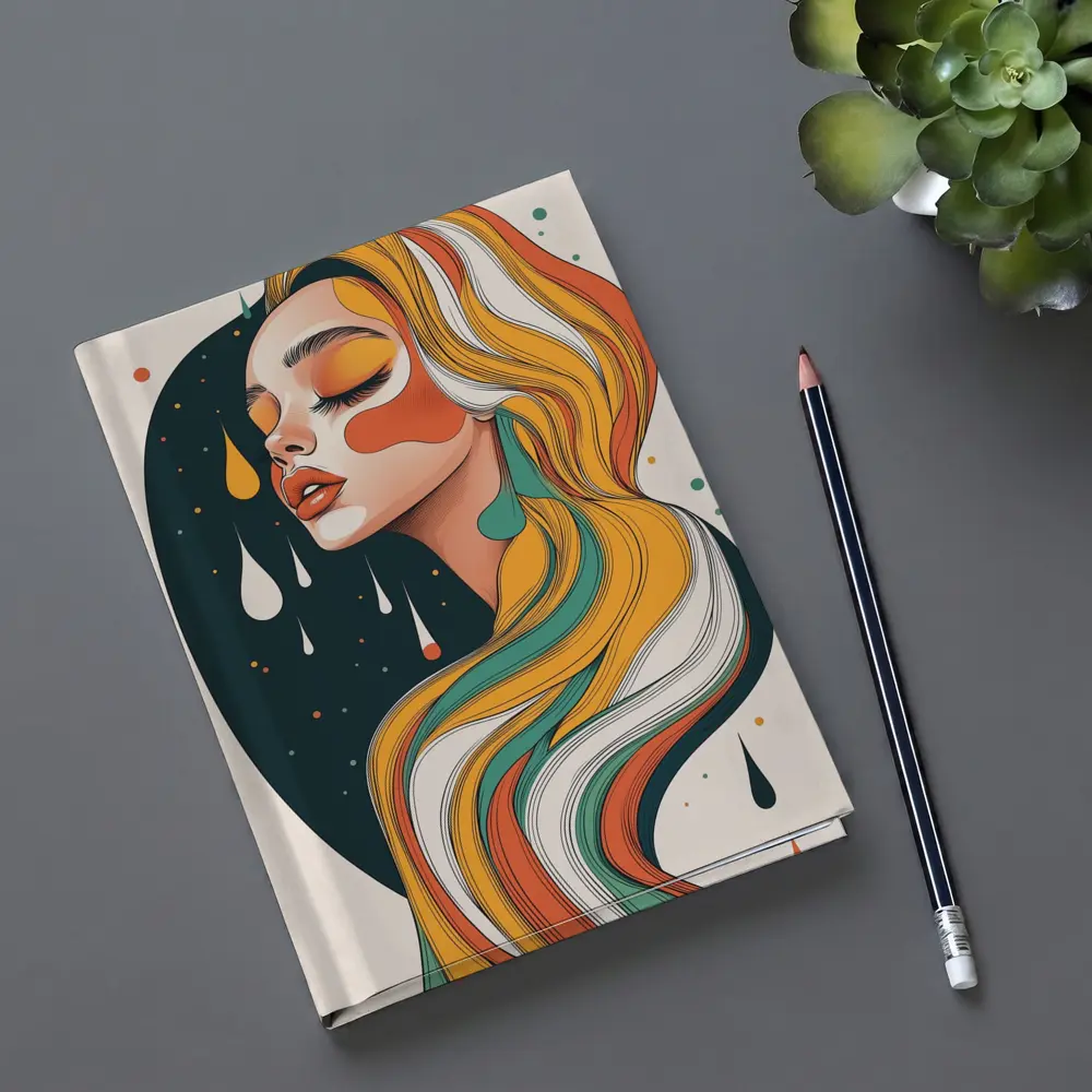 Retro Woman Portrait Flowing Colorful Hair Art – Notebooks