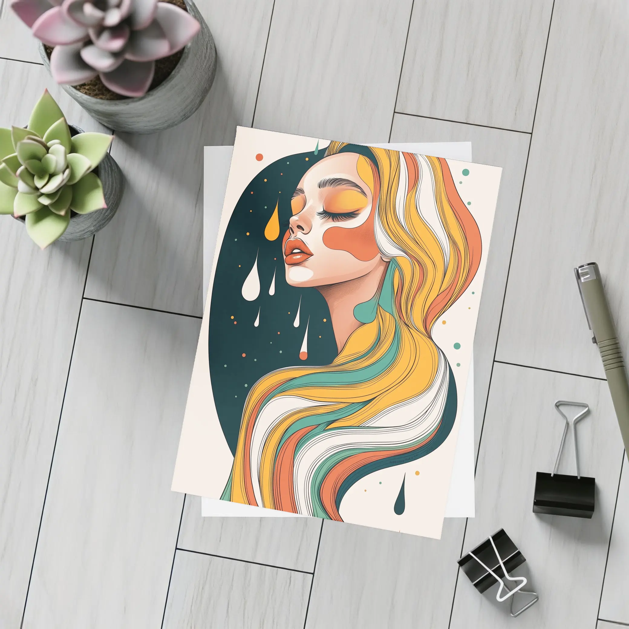 Retro Woman Portrait Flowing Colorful Hair Art – Postcards