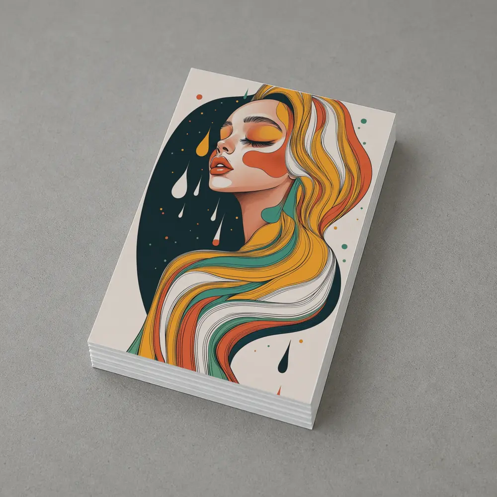 Retro Woman Portrait Flowing Colorful Hair Art – Postcards