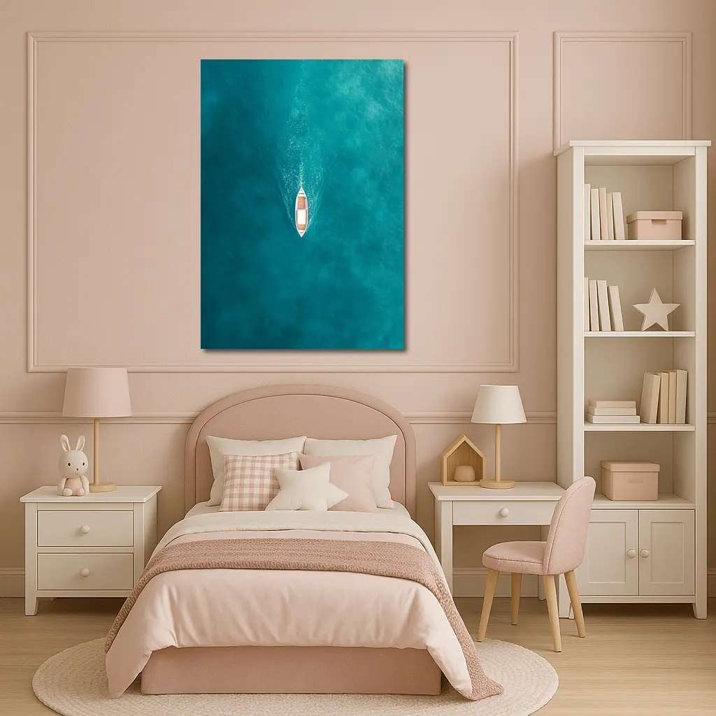 Aerial Wooden Boat Turquoise Ocean Water – Wall Art
