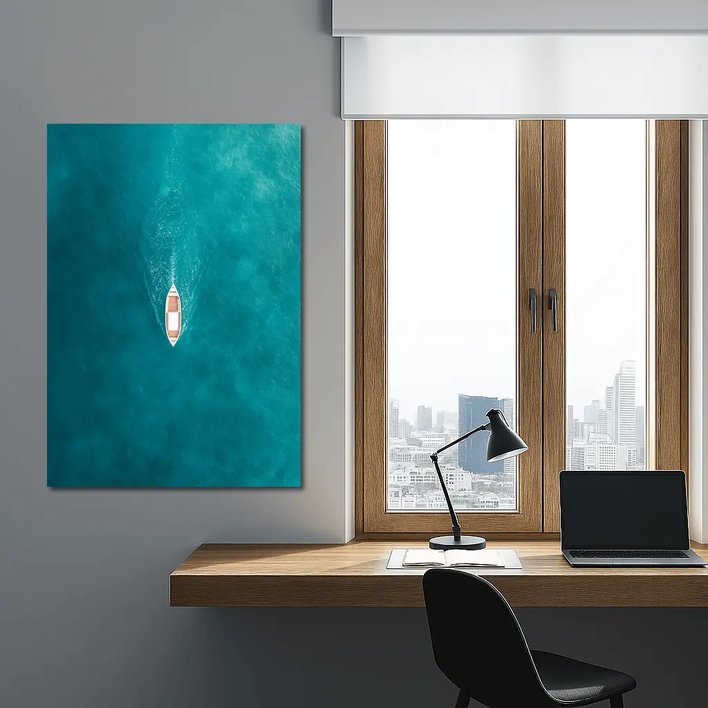 Aerial Wooden Boat Turquoise Ocean Water – Wall Art