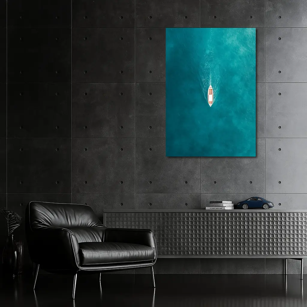 Aerial Wooden Boat Turquoise Ocean Water – Wall Art