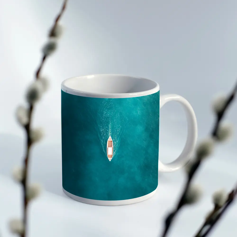 Aerial Wooden Boat Turquoise Ocean Water – Mugs