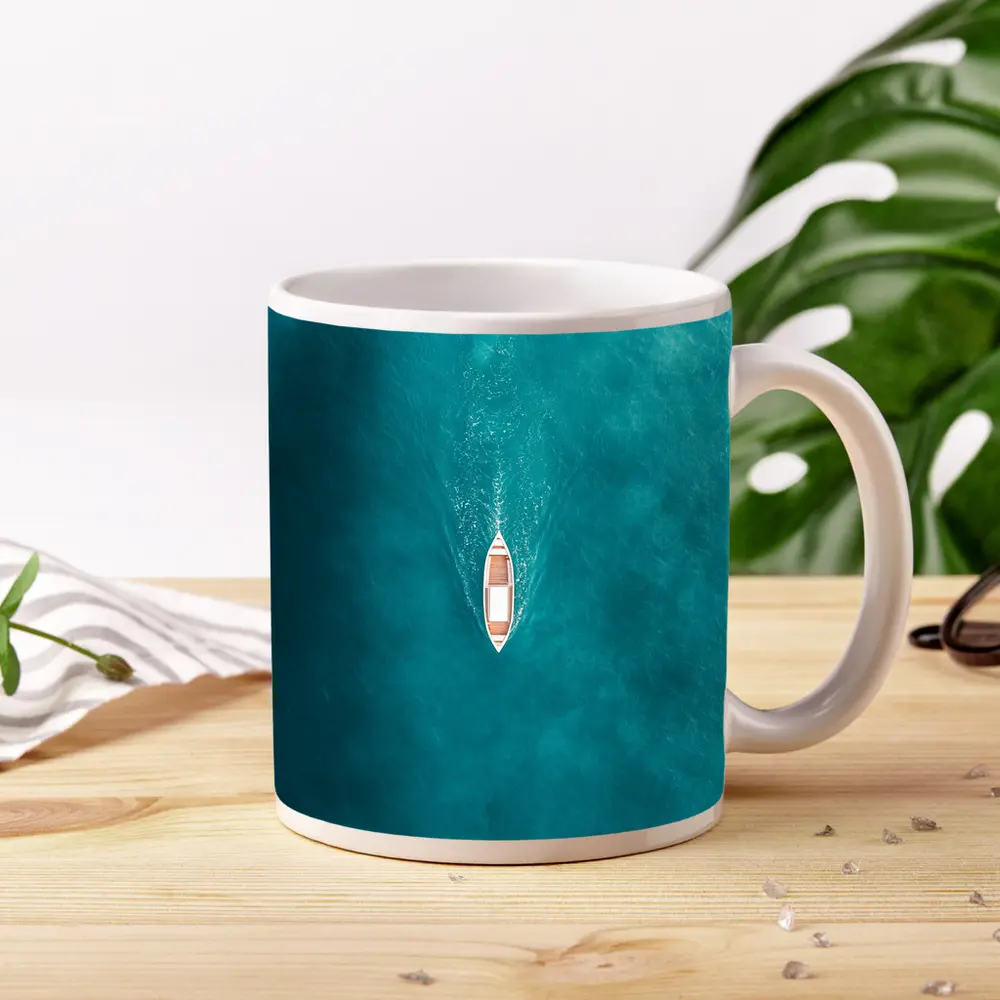 Aerial Wooden Boat Turquoise Ocean Water – Mugs