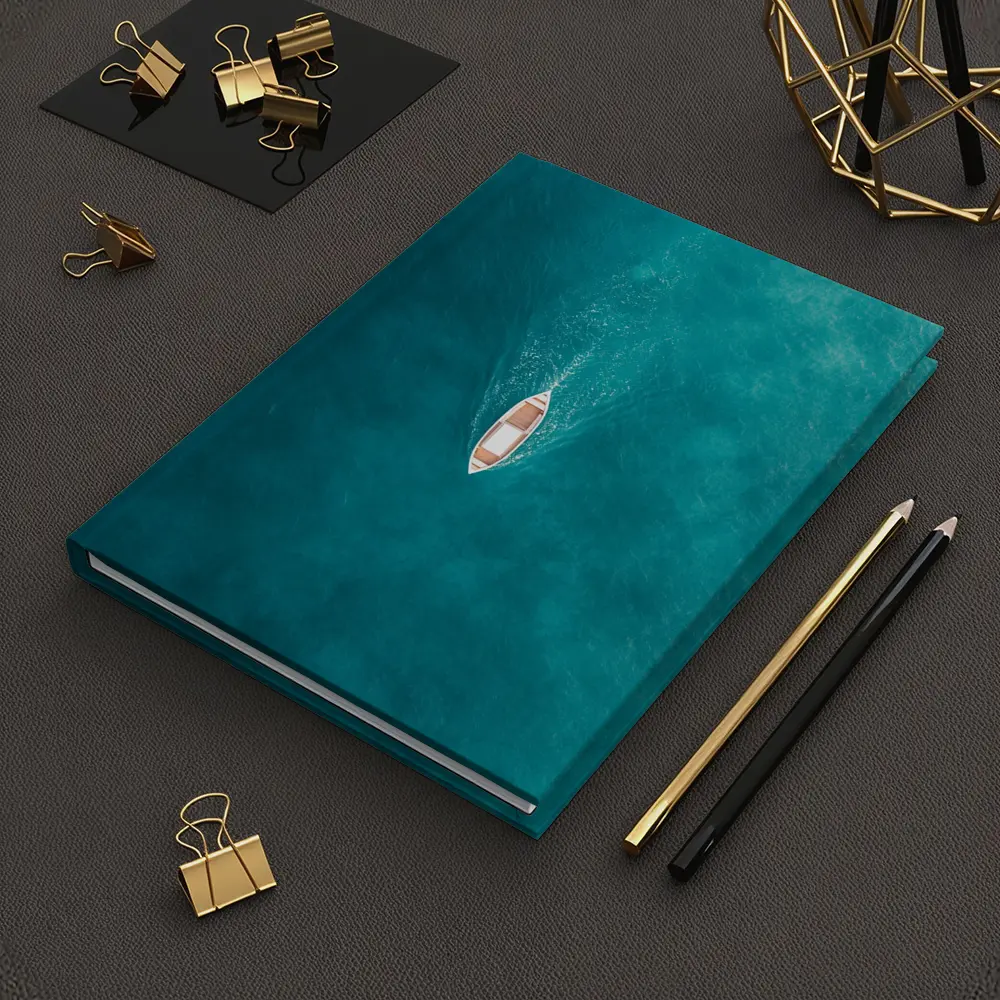 Aerial Wooden Boat Turquoise Ocean Water – Notebooks