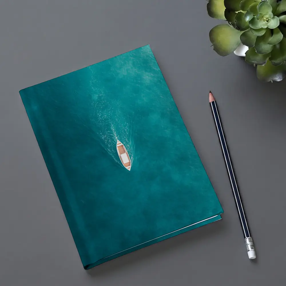 Aerial Wooden Boat Turquoise Ocean Water – Notebooks