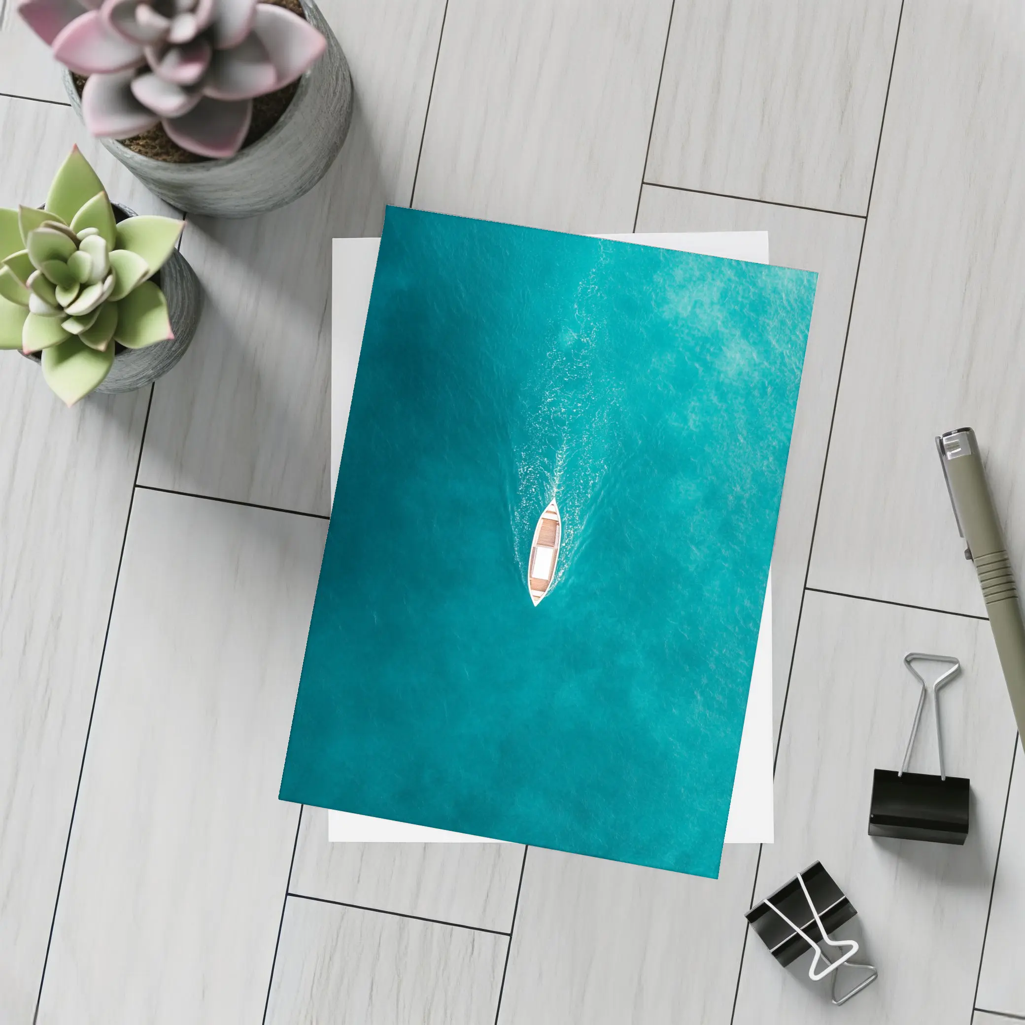 Aerial Wooden Boat Turquoise Ocean Water – Postcards