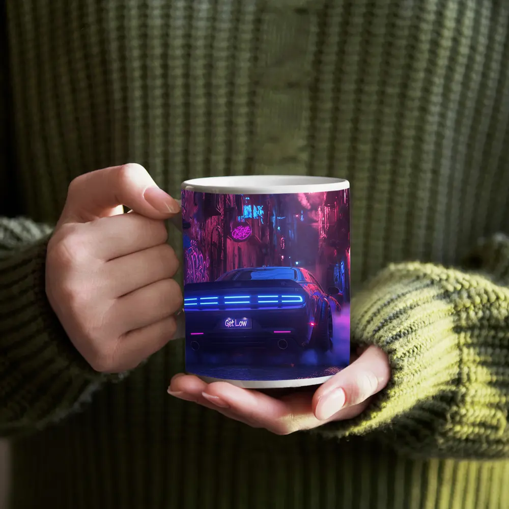 Dodge Challenger Neon Alley Night Scene – Mugs