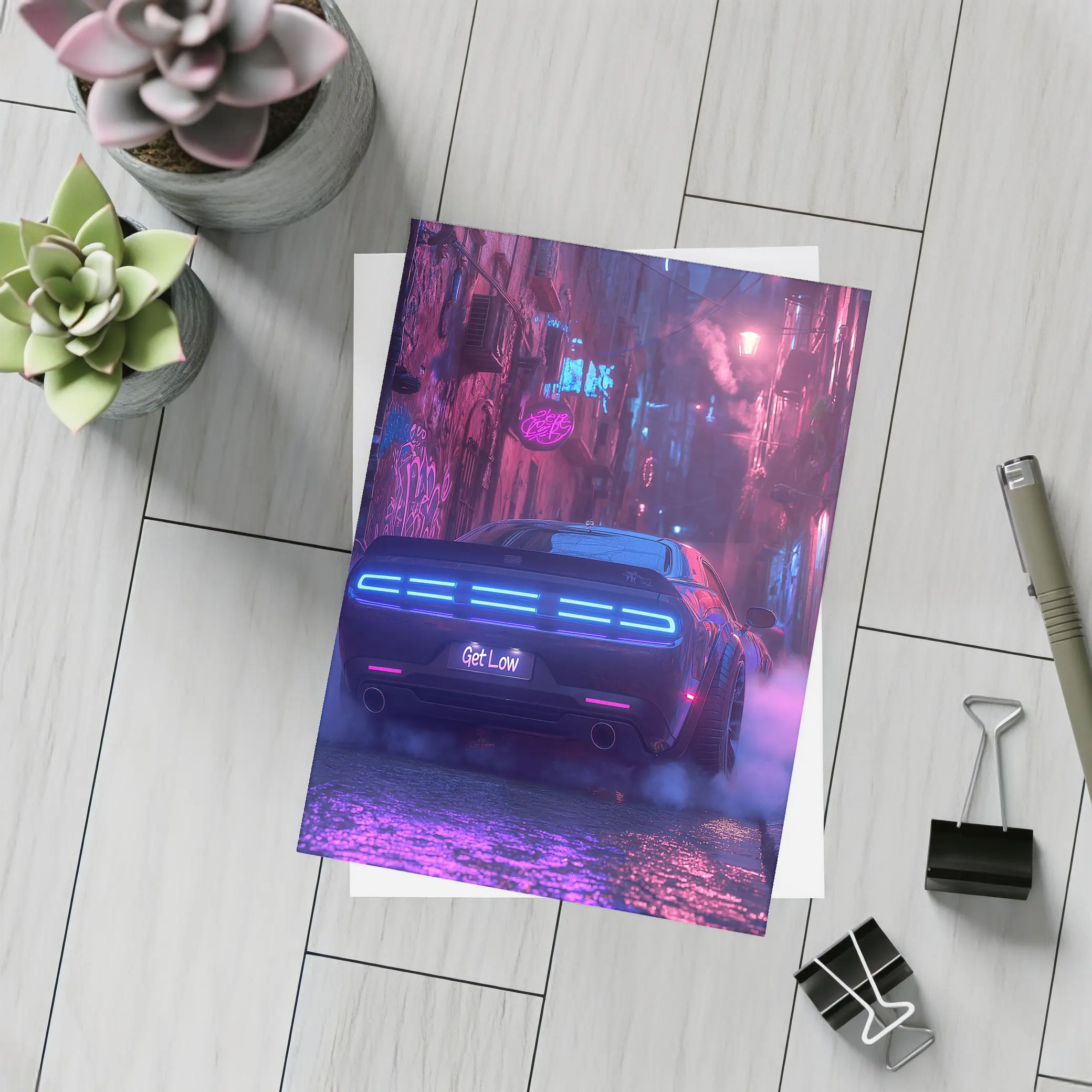 Dodge Challenger Neon Alley Night Scene – Postcards