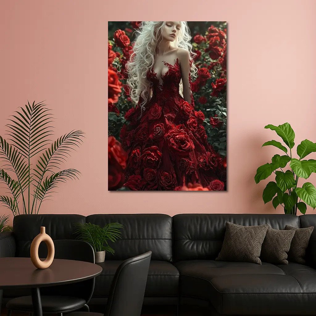 White Hair Woman Red Roses Garden Fantasy – Wall Art