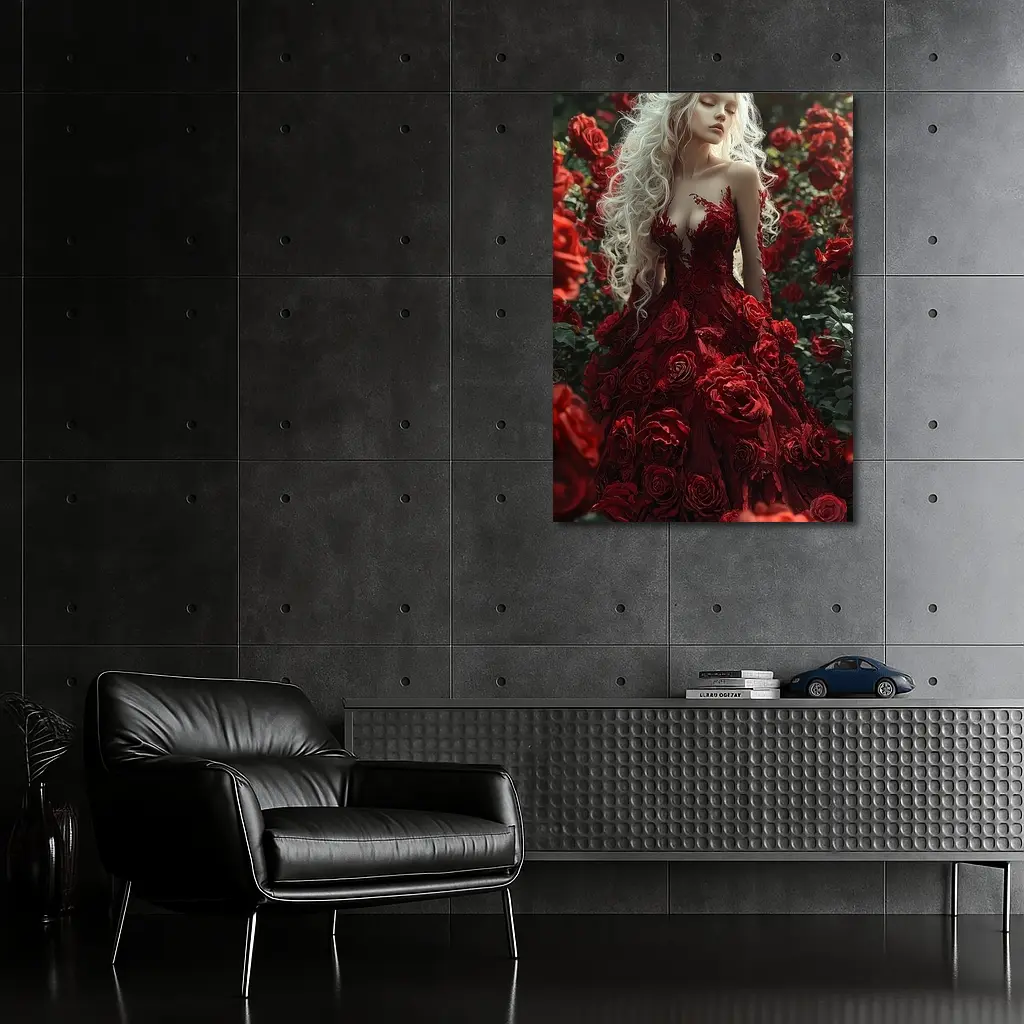 White Hair Woman Red Roses Garden Fantasy – Wall Art