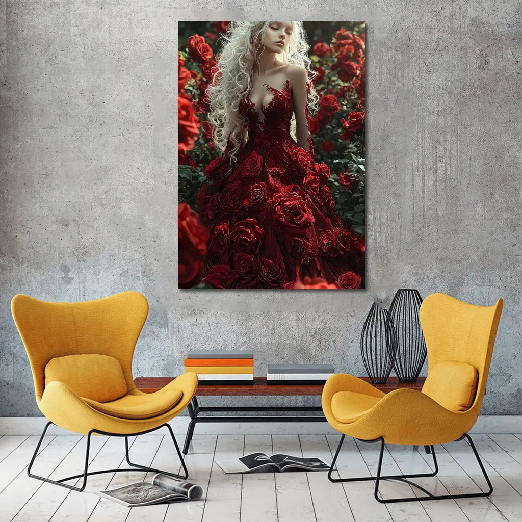 White Hair Woman Red Roses Garden Fantasy – Wall Art
