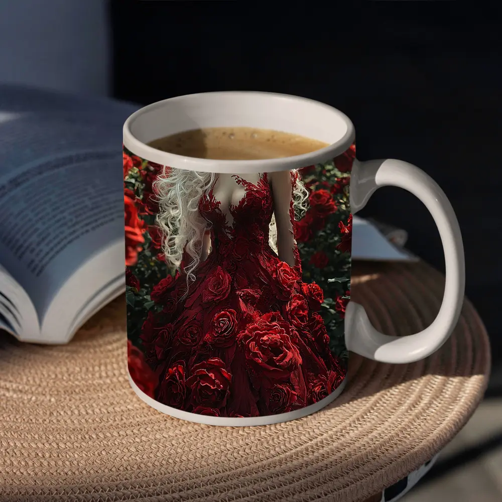 White Hair Woman Red Roses Garden Fantasy – Mugs