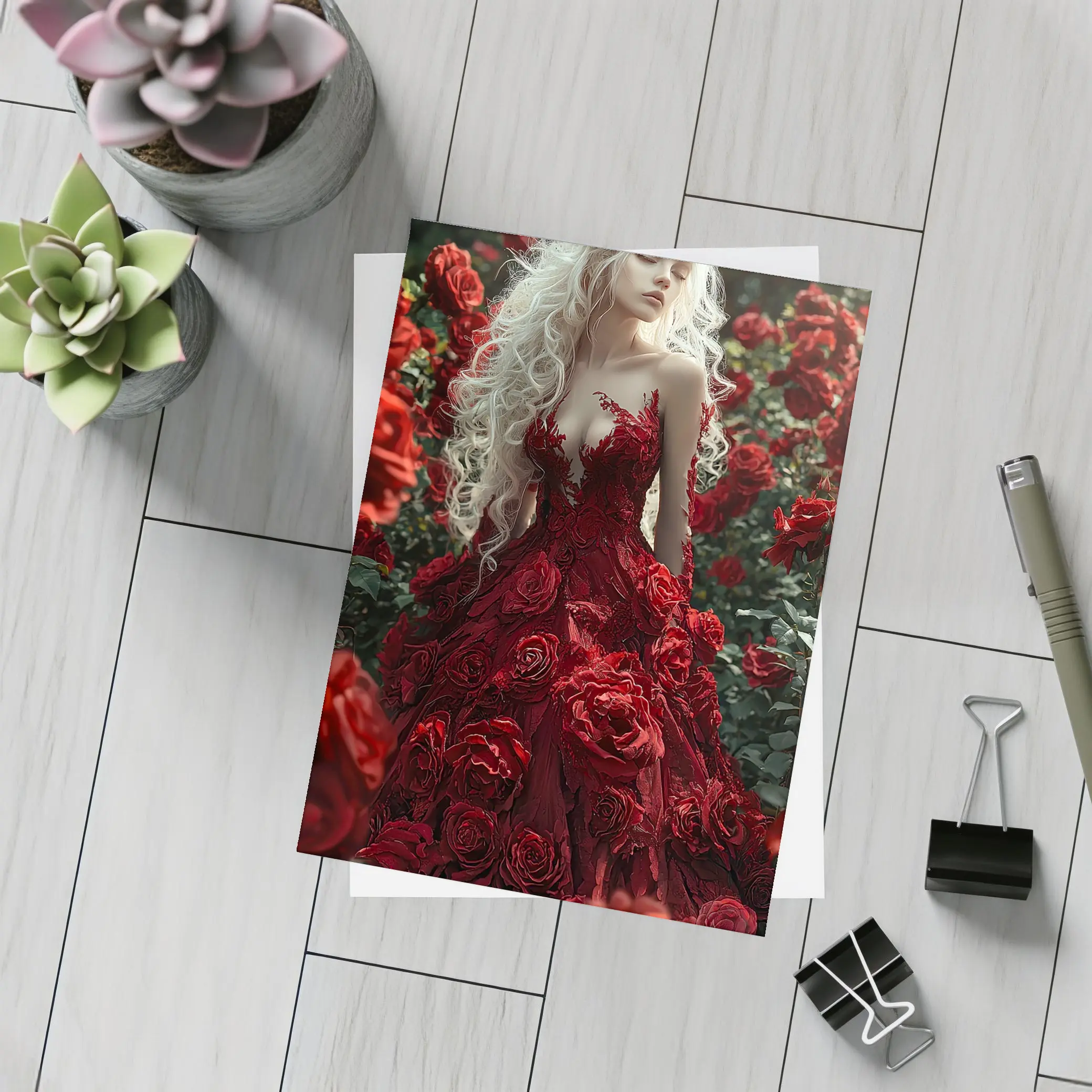 White Hair Woman Red Roses Garden Fantasy – Postcards
