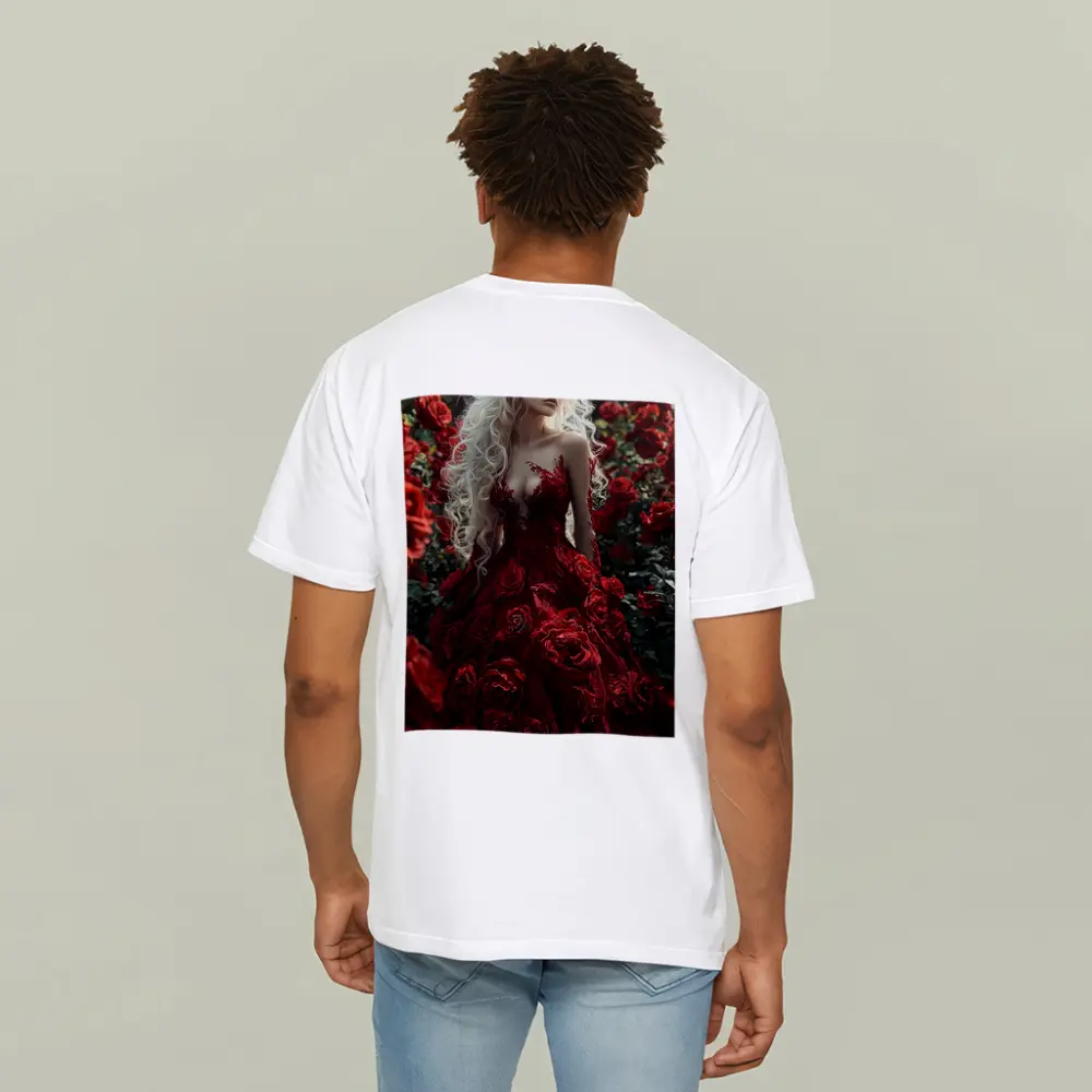White Hair Woman Red Roses Garden Fantasy – T-Shirts