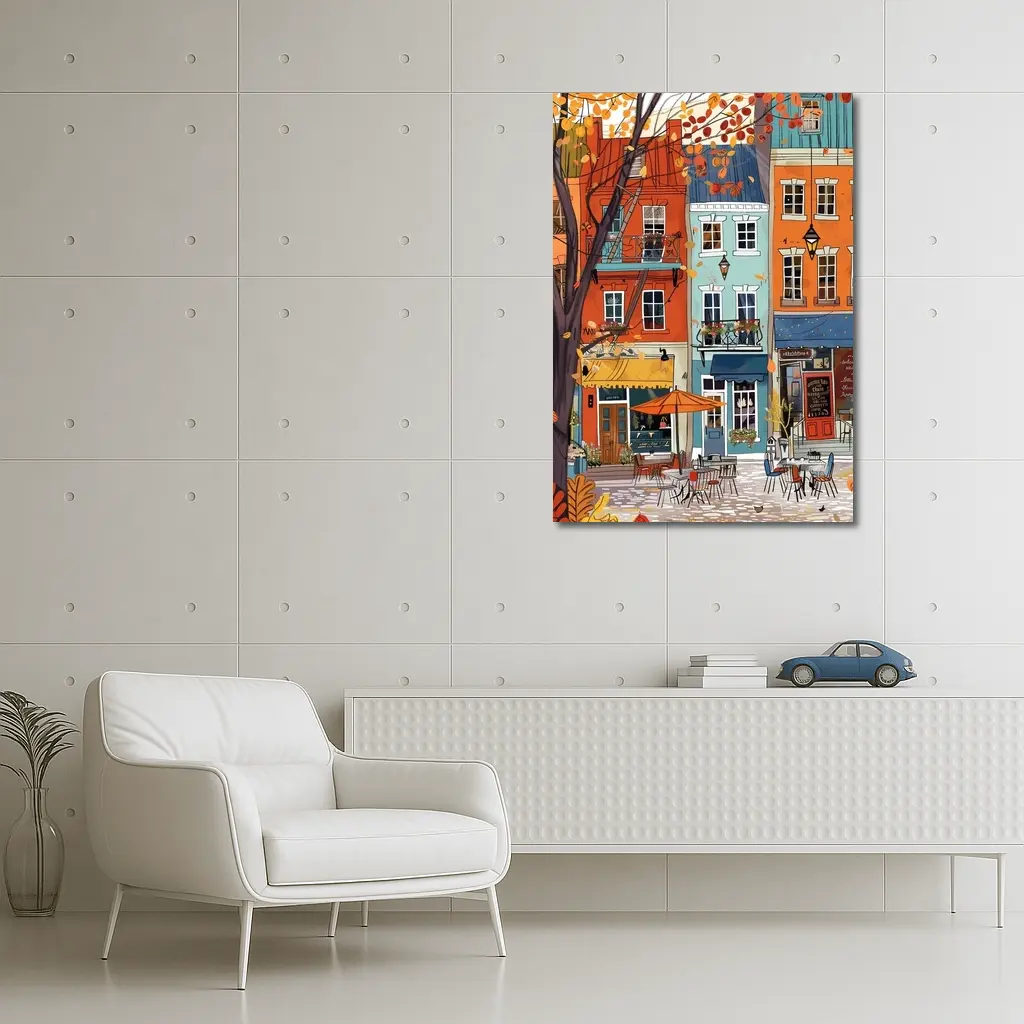 Autumn Street Cafe Colorful European City Illustration – Wall Art